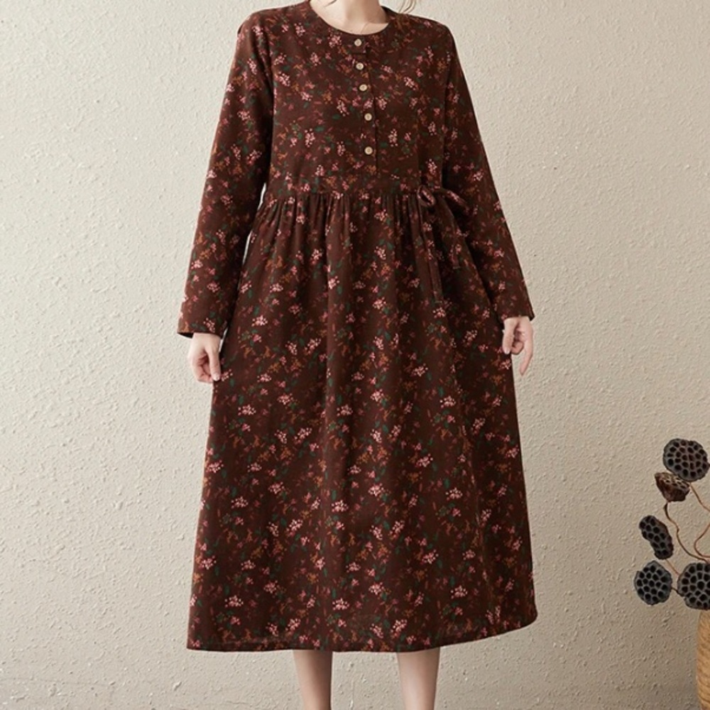 100% COTTON ALL NATURAL Brown Floral Midi Dress with Long Sleeves